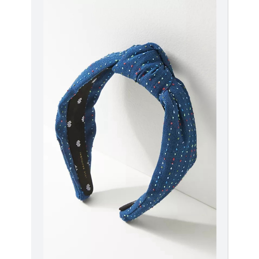 Lele Sadoughi Rainbow Denim Knotted Embellished Padded Headband + Dust Bag